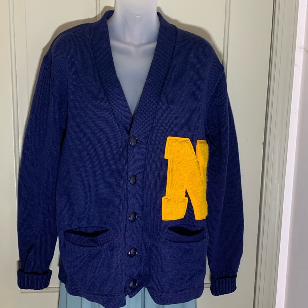Vintage Dehen Knitting Co. Letterman Sweater - wool- navy and gold